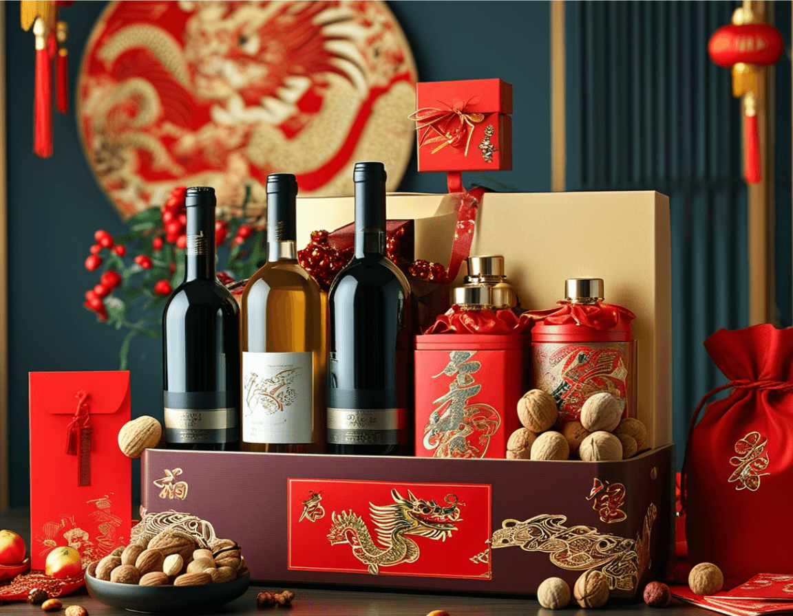 Giỏ quà Tết cao cấp với rượu vang, hạt dinh dưỡng, và hộp quà sang trọng, phù hợp tặng đối tác