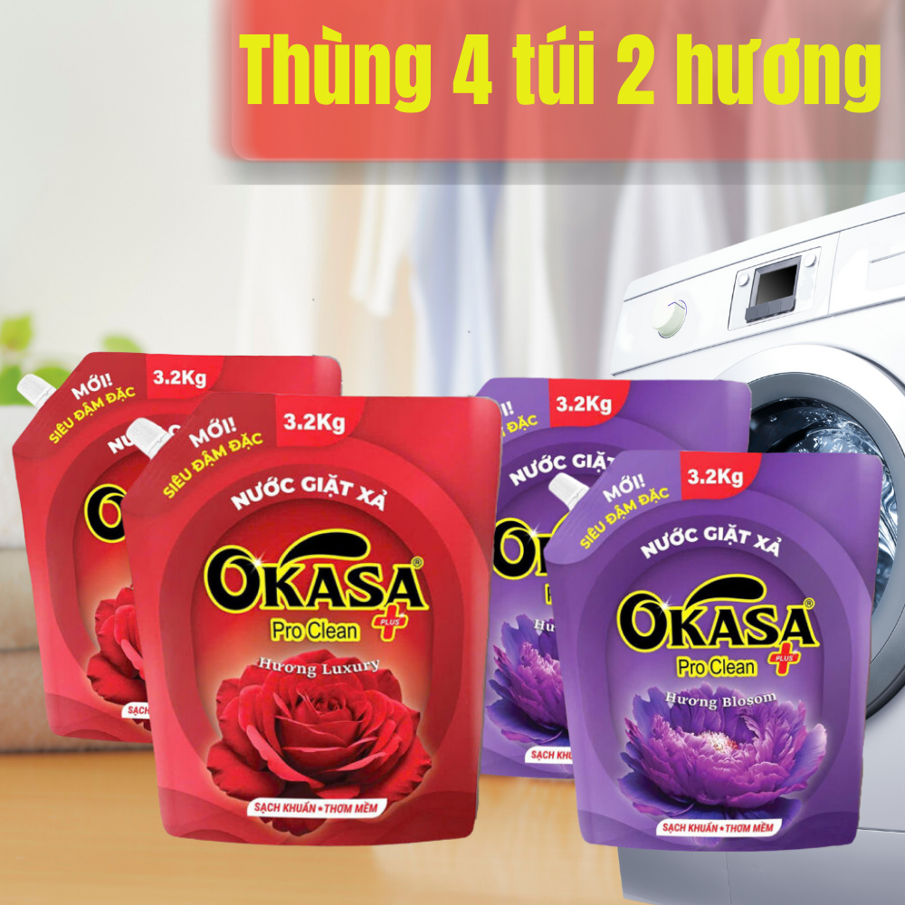 Combo 4 Bịch Nước Giặt Xả Okasa Pro Clean 3,2 Lít - 2 Hương