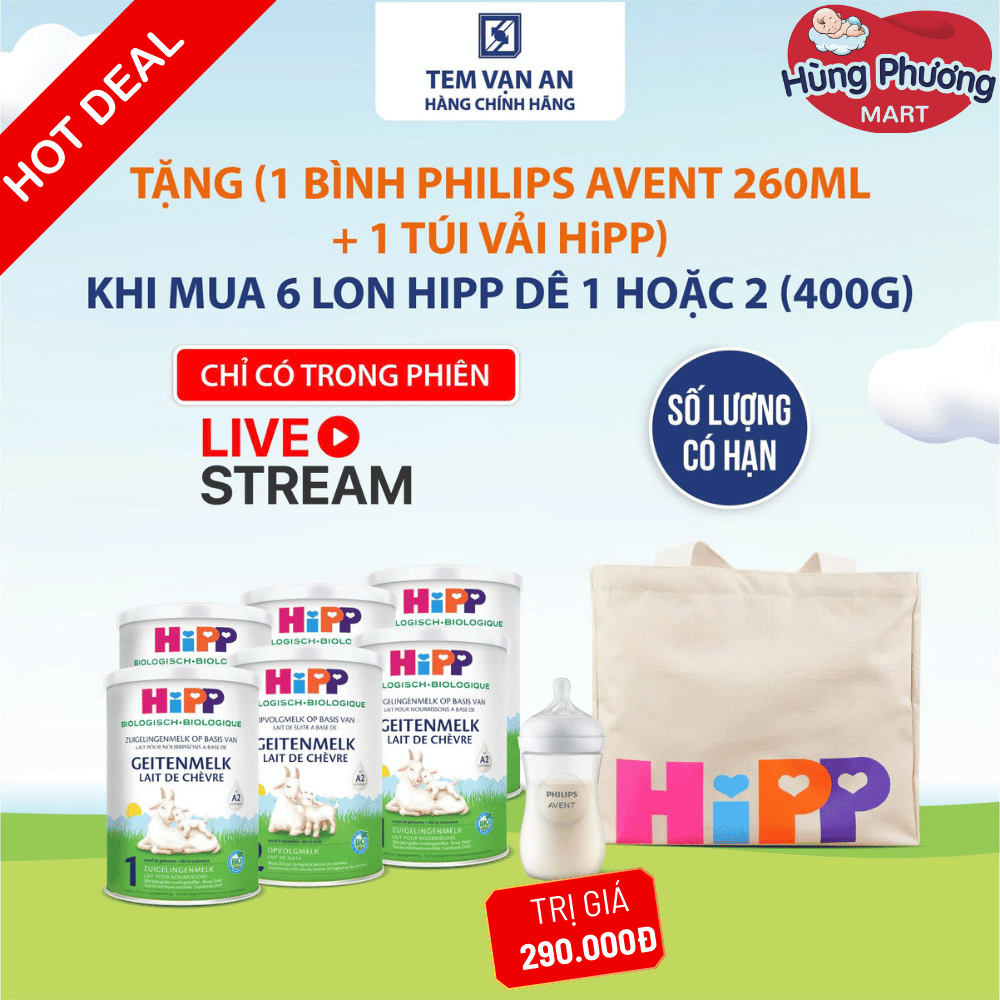 COMBO 6 Lon Hipp (sữa Dê) Số 2 từ 6-12 tháng (400g) Tặng 1 Bình Sữa Philips Avent 260ml + 1 Túi Vải