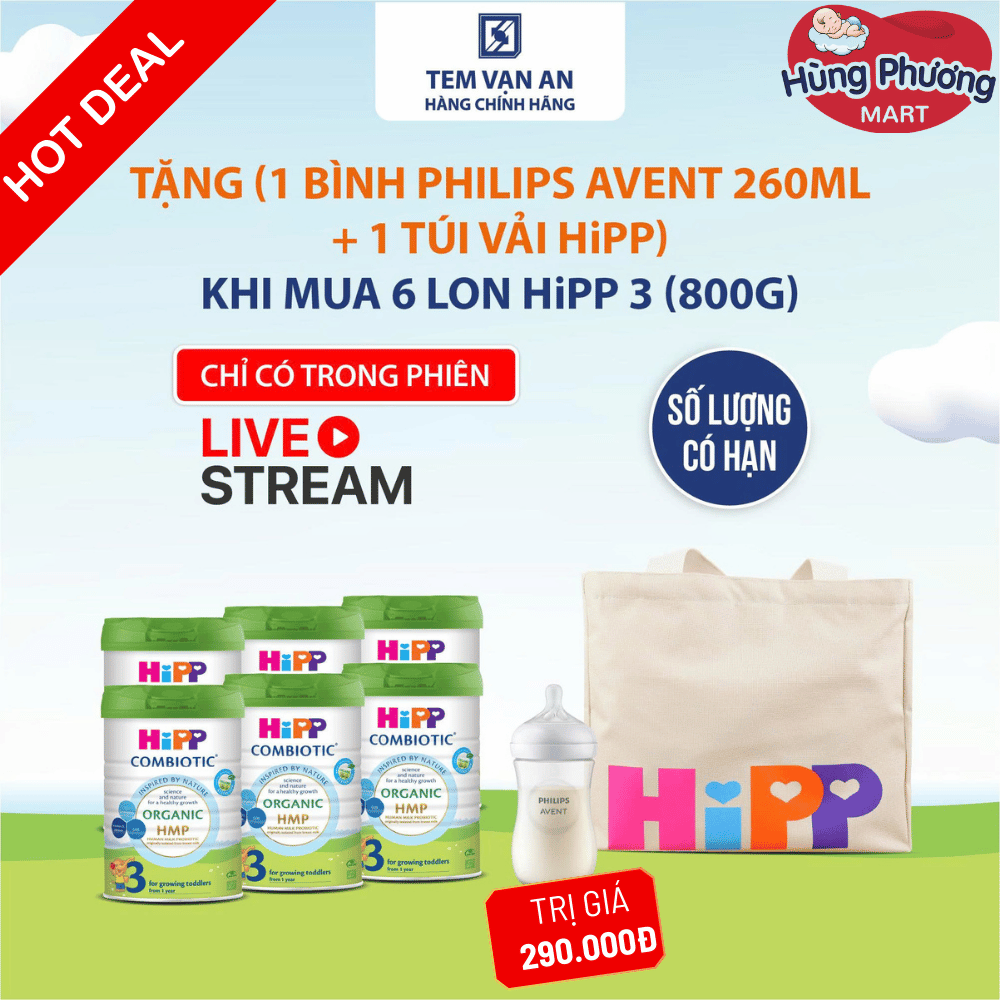COMBO 6 Lon Hipp Số 3 từ 1-3 tuổi (800g) Tặng 1 Bình Sữa Philips Avent 260ml + 1 Túi Vải