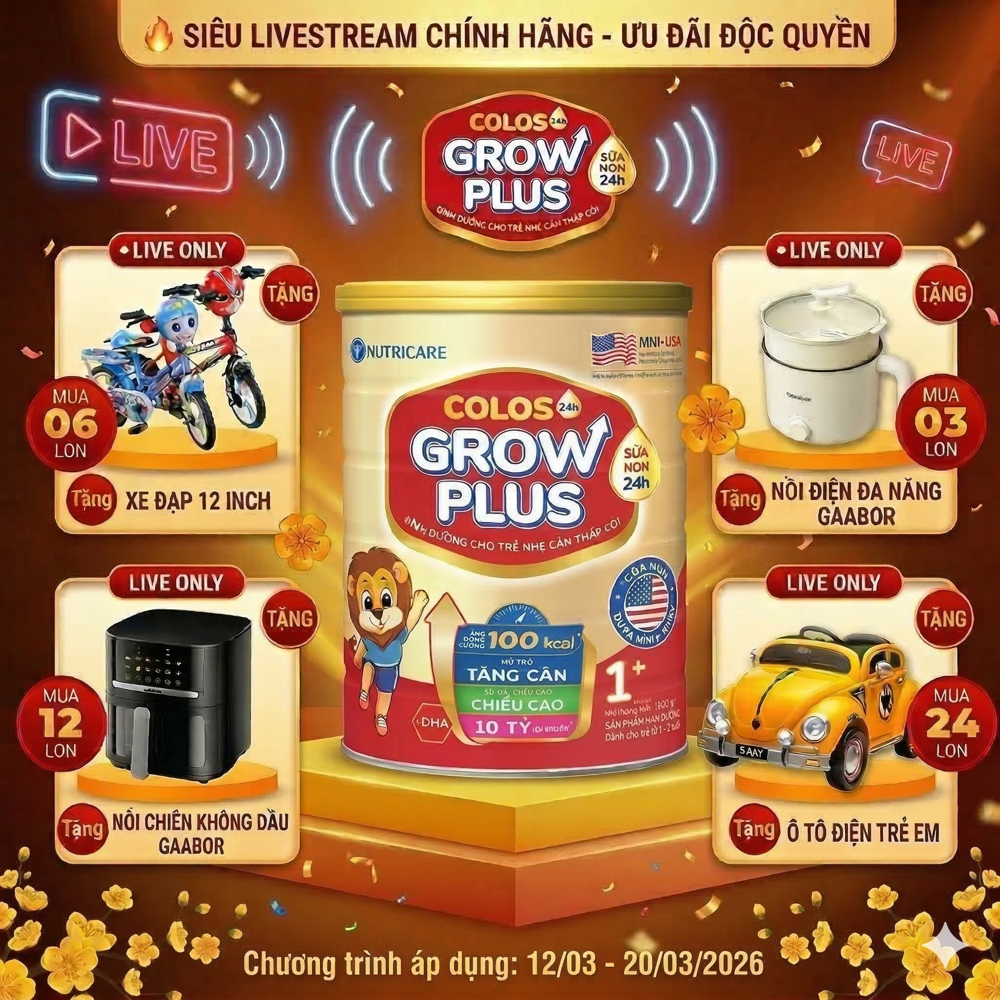 Sữa Bột Nutricare Colos24h Growplus 1+ (1-2 tuổi) lon 800g