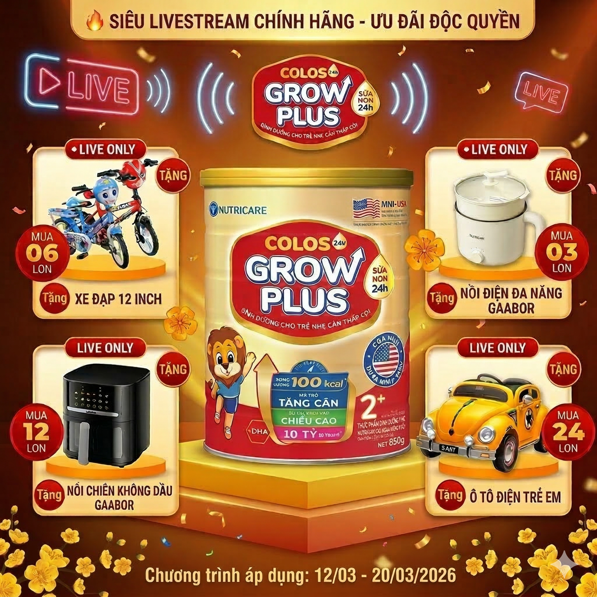 Sữa Bột Nutricare Colos24h Growplus 2+ (2-10 tuổi) lon 800g